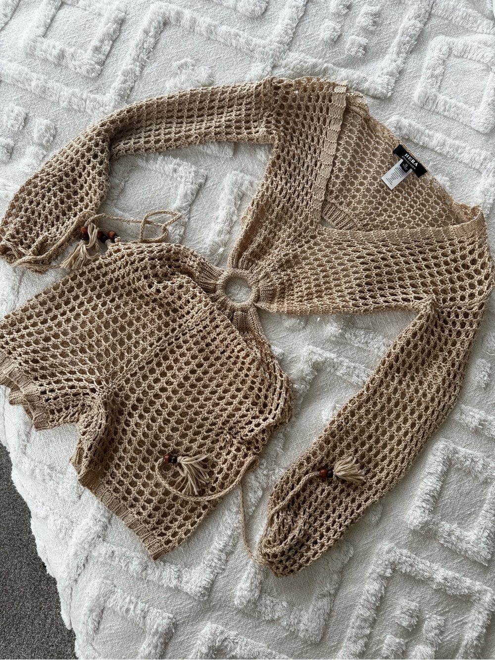Crochet Cut-Out Knit Romper in Beige | Size Small ✨